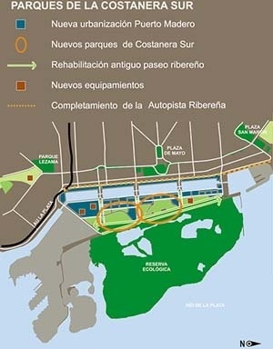 Esquema de la "operación" Puerto Madero: los docks, la franja de parques y la reserva ecológica [Gabriela Cragnolino para la Subsecretaría de Planeamiento, Gobierno de la ciudad de Buenos]