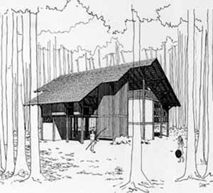 Figura 5 – Residência Robert Schuster, 1978. Tarumã, Manaus. Casa na floresta, aberta ao vento, feita com processos construtivos artesanais, utilizando-se de material obtido no local — madeira para estrutura, vedação e cobertura [Desenho Arquiteto Severiano Mário Porto]