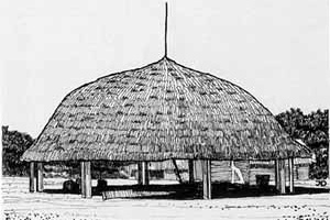 Figura 10 – Exemplo de casa indígena amazônica, utilizada para encontros da aldeia, construída em madeira e coberta por folhas de palmeira [Arquitetura Brasil 500 anos. Universidade Federal de Pernambuco, 2002. Volume 1]