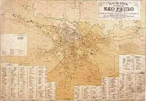 O histórico crescimento espraiado da cidade de São Paulo se mostra nesse mapa de 1905. Por volta de 130.730 habitantes [REIS FILHO, Nestor Goulart, 2004]