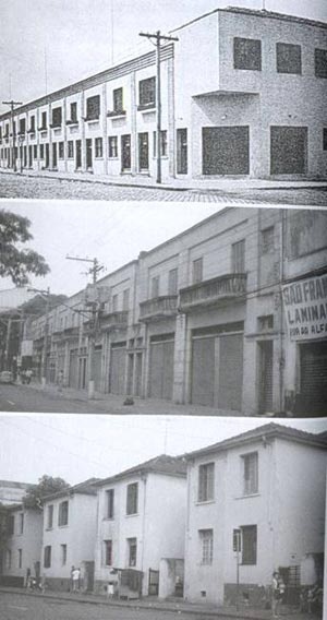 Sobrados na rua Barão de Jaguara, no Moóca, de Gregori Warchavchik, 1929; casas no Brás e sobrados no Brás, respectivamente [BONDUKI, 1998]